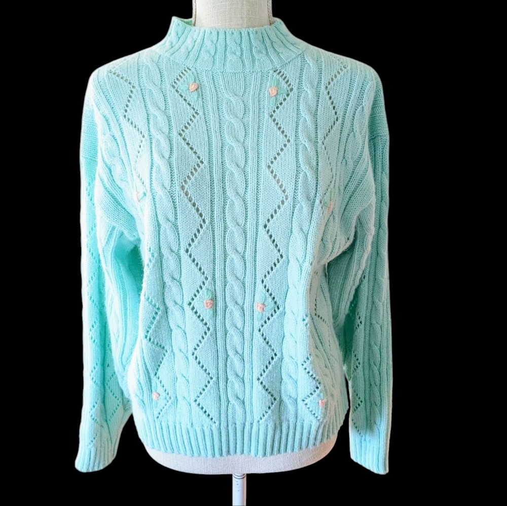Vintage‎ Aqua Cable Knit Sweater Rosettes Rouge By Helium Size Large Coquette